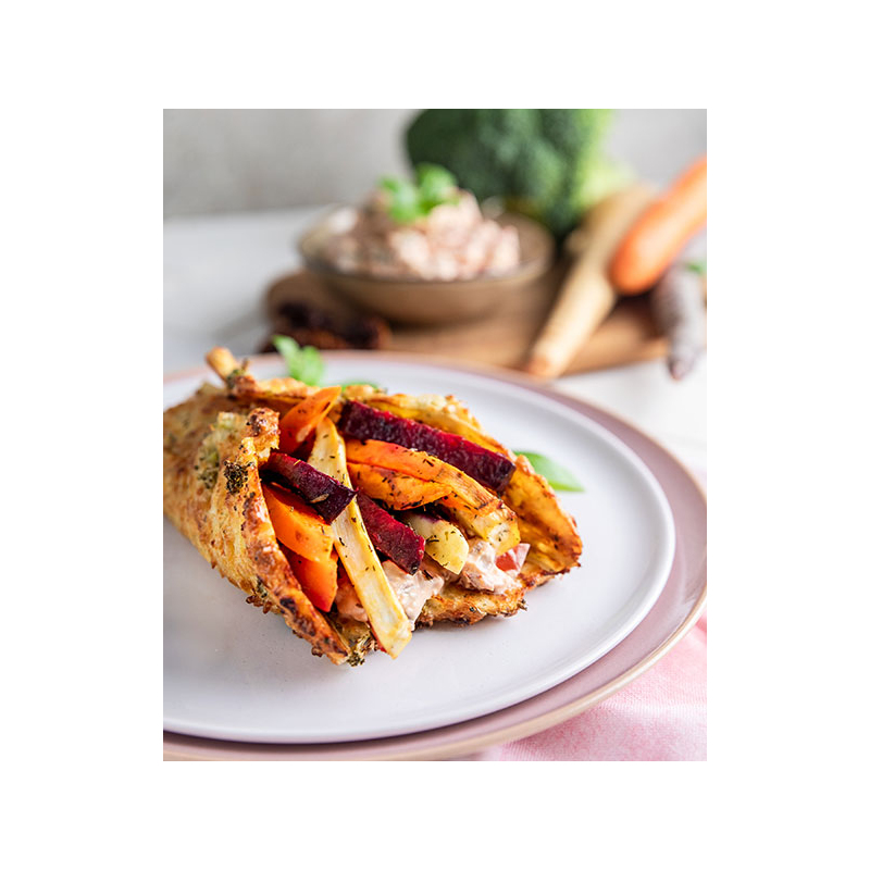 Ofengemüse mit Dip im Hüttenkäse Wrap